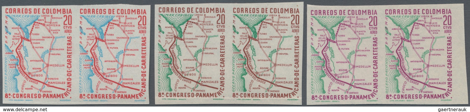 Kolumbien: 1961, Map Of Pan-American Highway 20 Ctvs. Airmail, Lot Proofs In 7 Imperforated Pairs, D - Colombia