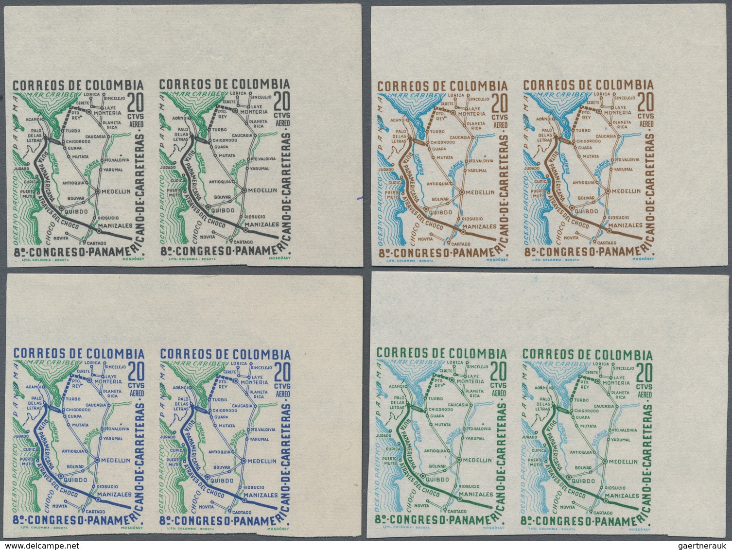 Kolumbien: 1961, Map Of Pan-American Highway 20 Ctvs. Airmail, Lot Proofs In 7 Imperforated Pairs, D - Colombia