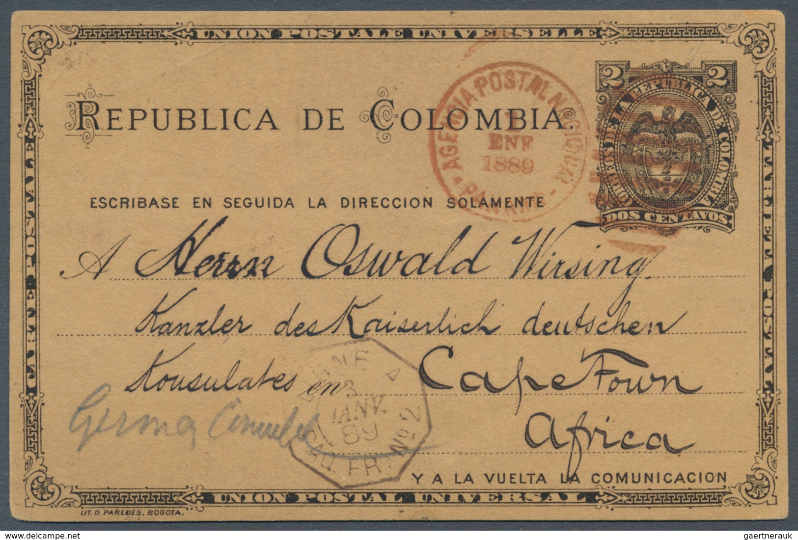 Kolumbien - Ganzsachen: 1889 Postal Stationery Card Of Colombia Send From Panama Postal Agency By Fr - Colombia