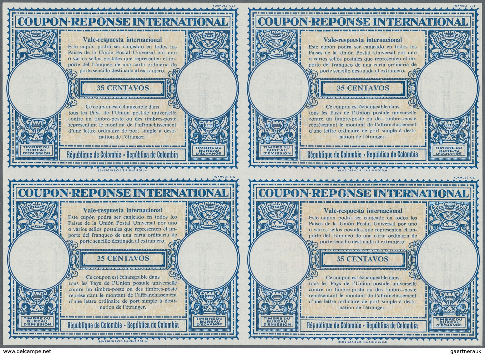 Kolumbien - Ganzsachen: 1954. International Reply Coupon 35 Centavos (London Type) In An Unused Bloc - Colombia