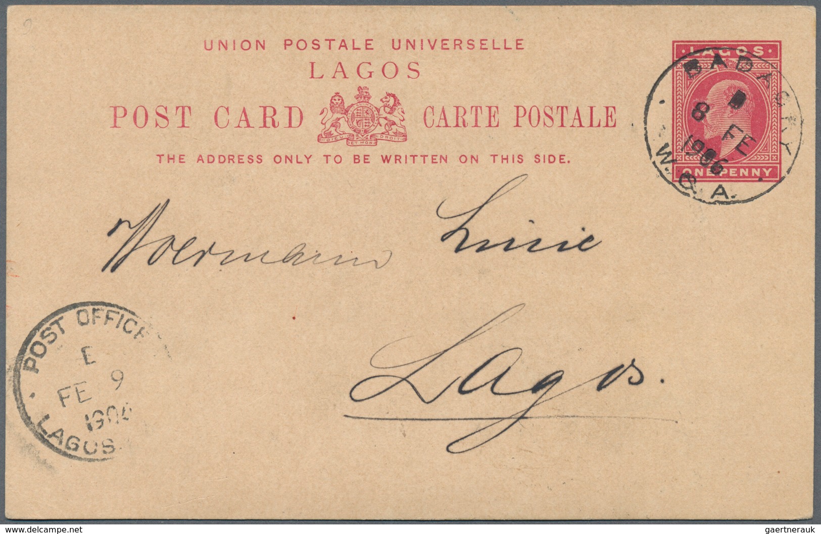 Lagos: 1906 (8.2.), Stat. Postcard KEVII 1d. Carmine Commercially Used From BADACRY To Lagos With Ar - Nigeria (...-1960)