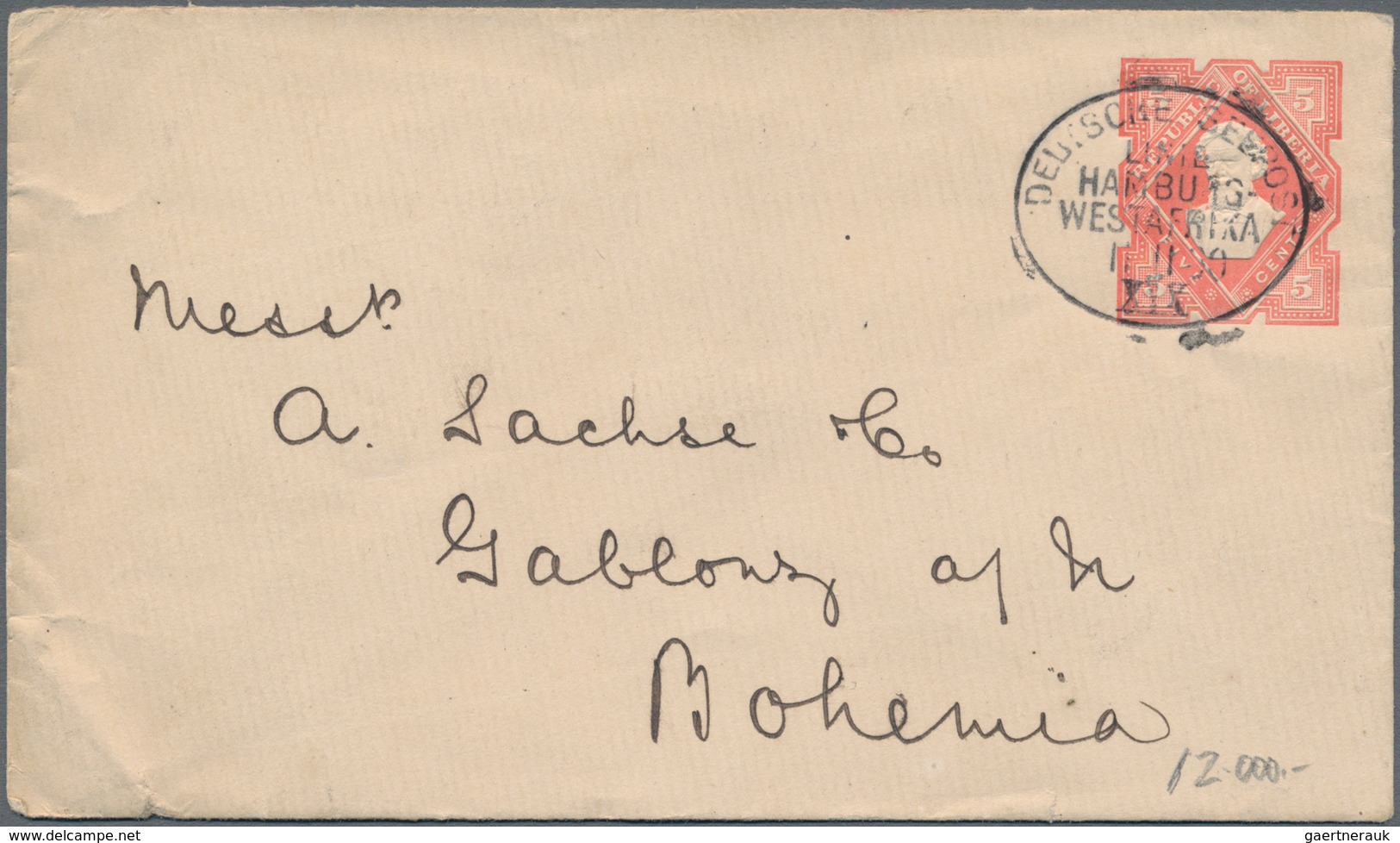 Liberia: 1890, Envelope 5 C. Red Canc. Oval "German Sea Posts Hamburg Westafrica 11.11.90 XIX" To Ga - Liberia