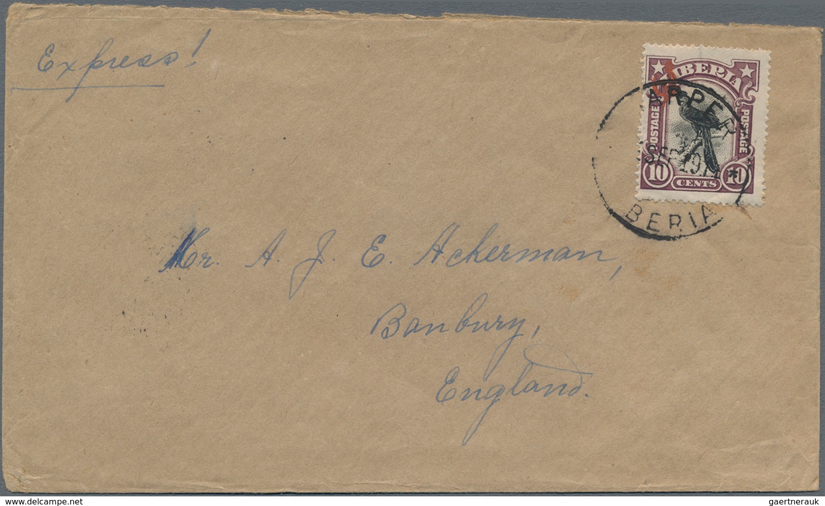 Liberia: 1906, 10 C Red Brown/black Bird (giant Turaco) Single Franking On Letter To England - Liberia