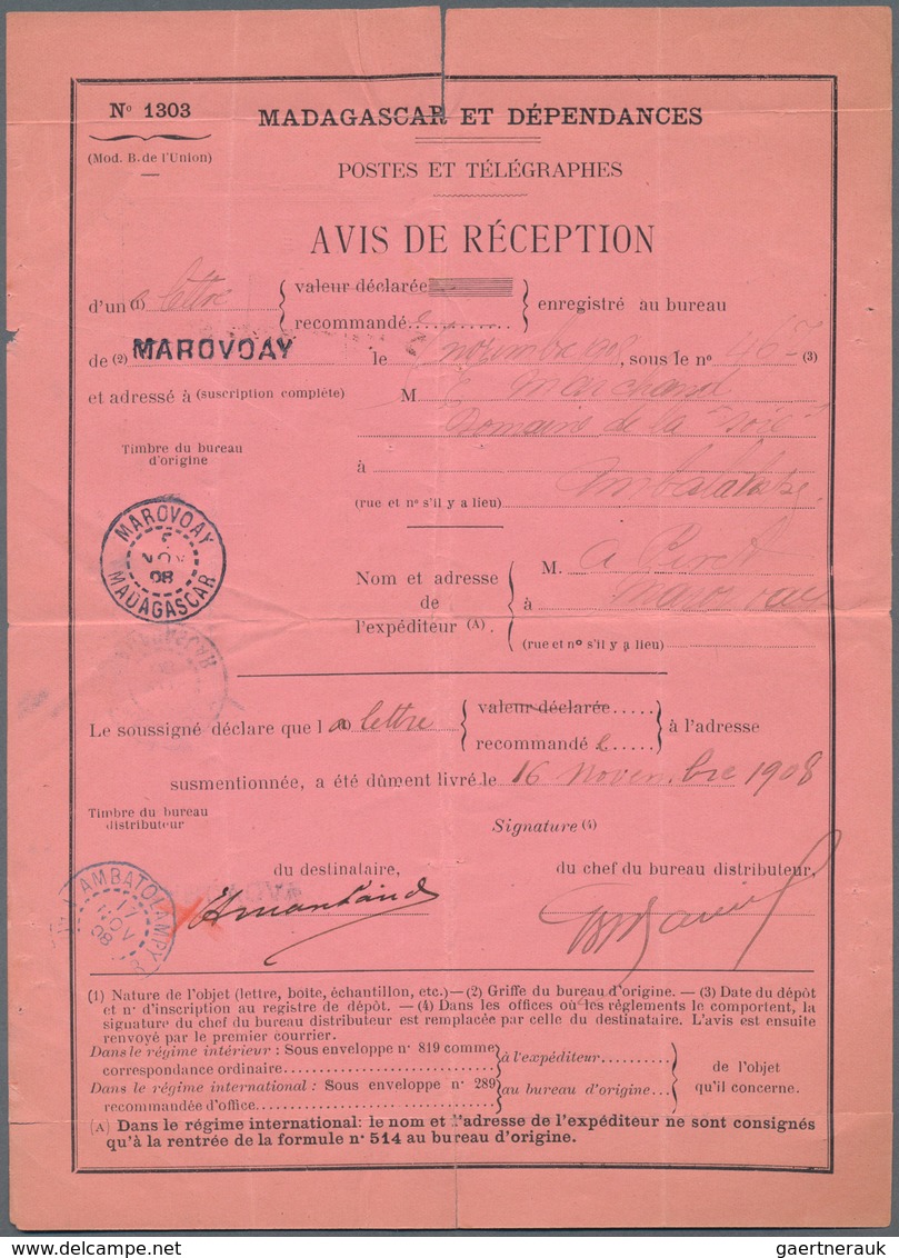 Madagaskar: 1908, Return Receipit - Avis De Reception, Franked With 10 Cent. Allegory From MAROVOAY. - Madagascar (1960-...)