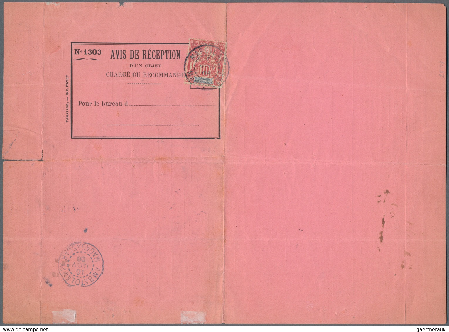 Madagaskar: 1908, Return Receipit - Avis De Reception, Franked With 10 Cent. Allegory From MAROVOAY. - Madagascar (1960-...)