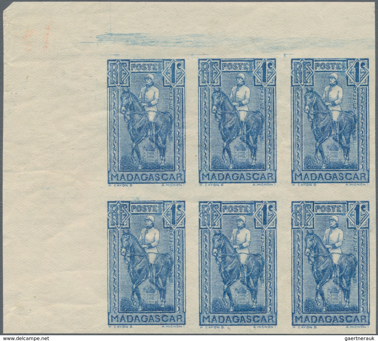 Madagaskar: 1931, Gouverneur Gallieni definitives complete set of five in IMPERFORATE blocks of six