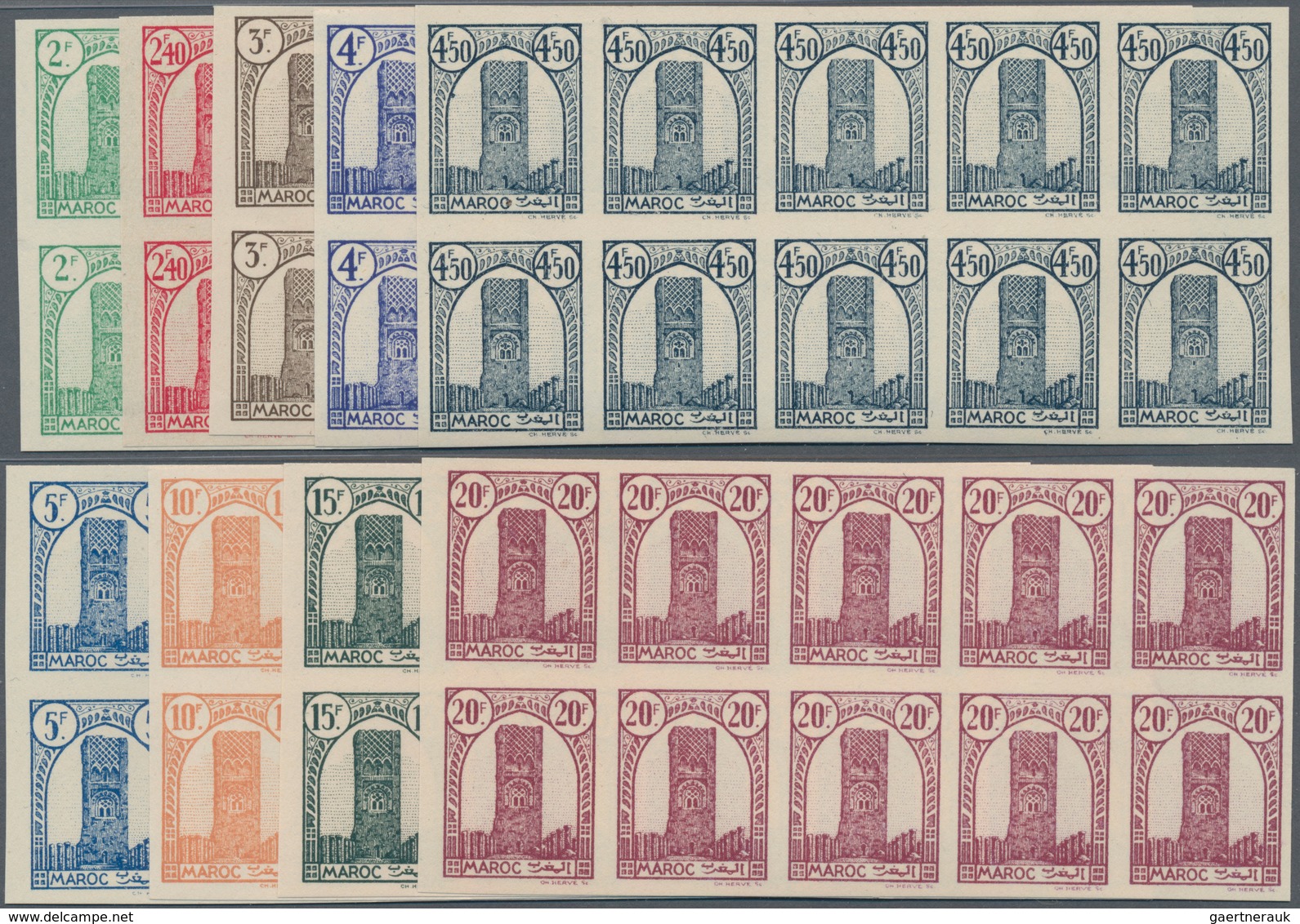 Marokko: 1943/1944, Definitive Issue ‚Hassan Tower Of Rabat‘ Complete Set Of 19 In IMPERFORATE Block - Unused Stamps