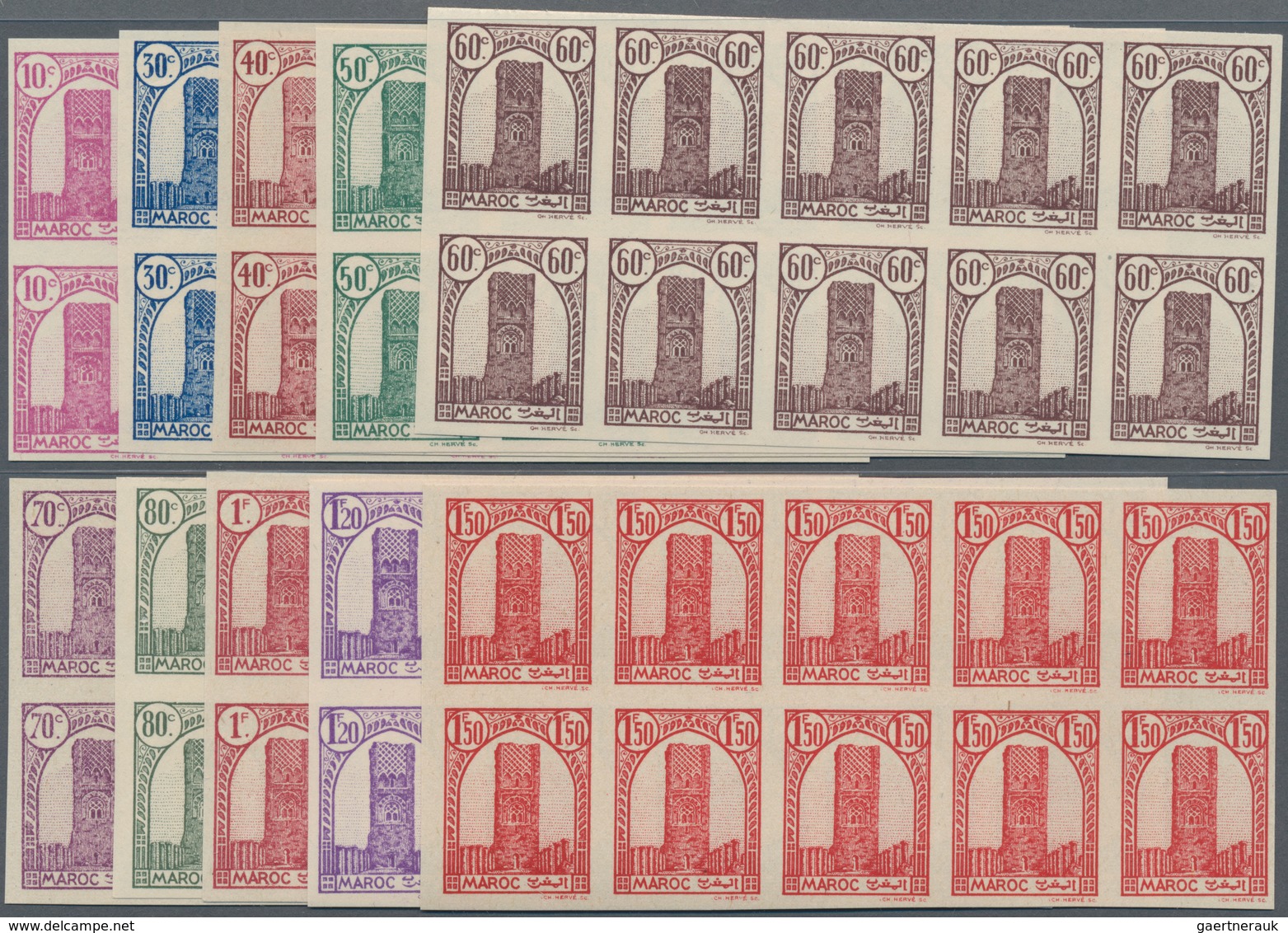 Marokko: 1943/1944, Definitive Issue ‚Hassan Tower Of Rabat‘ Complete Set Of 19 In IMPERFORATE Block - Unused Stamps