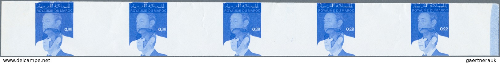 Marokko: 1981 (approx). Horizontal Strip Bearing 5 Essays In Dark Blue/light Blue (shifted) For The - Ungebraucht