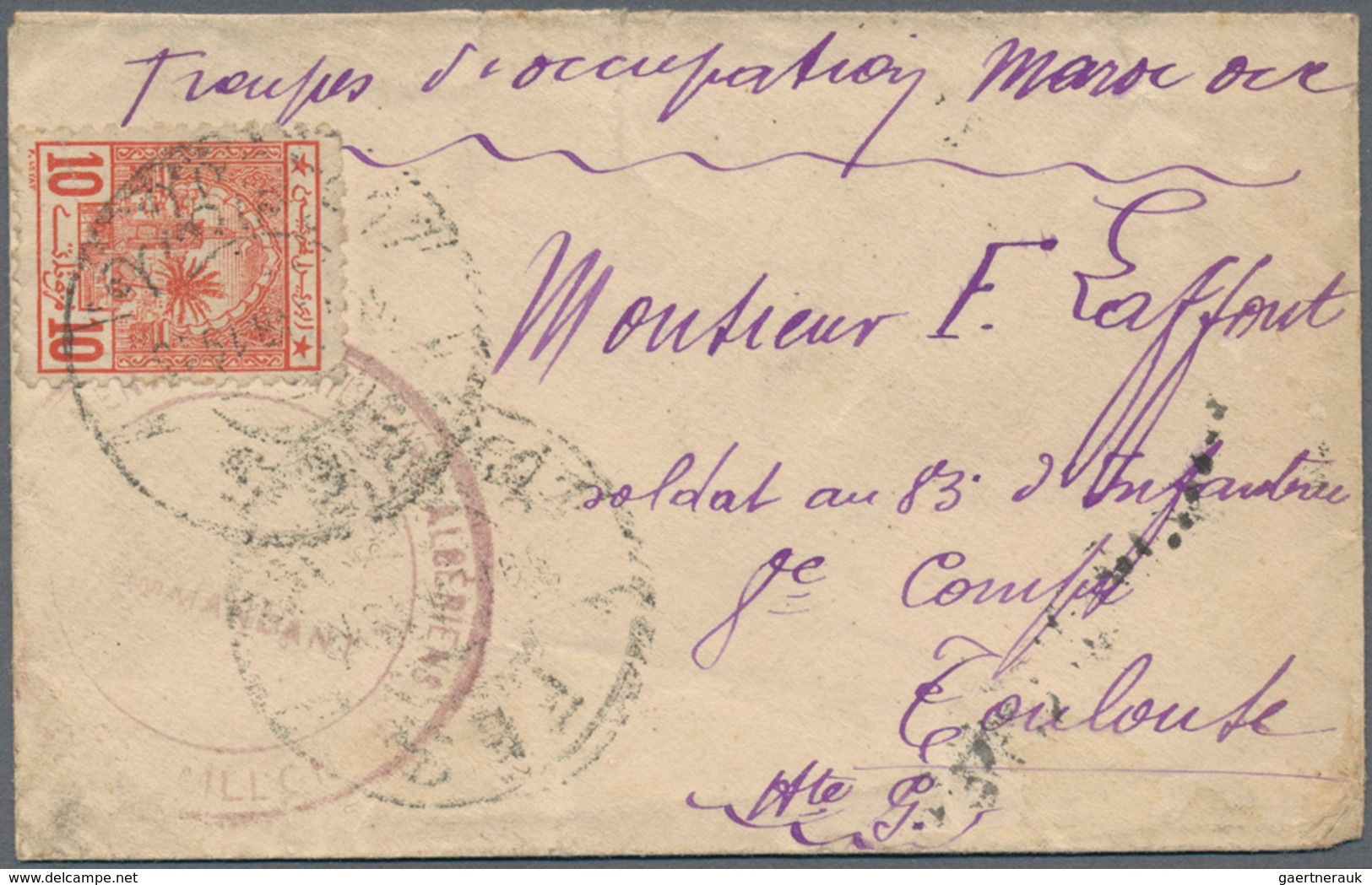 Marokko - Scherifische Post: 1913, 10 M Vermilion, Two Single Stamps, Each On Cover From French Occu - Marokko (1956-...)