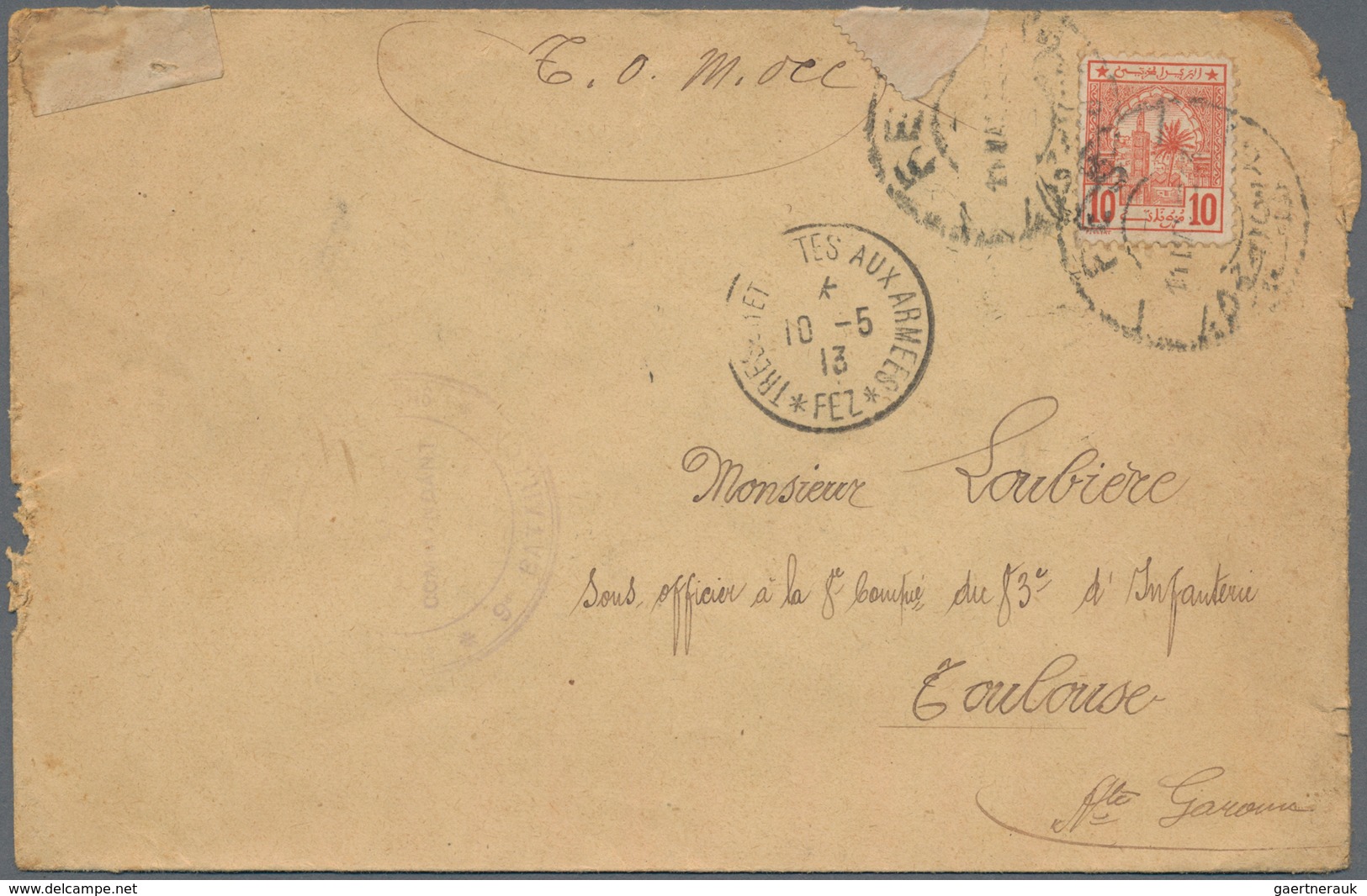 Marokko - Scherifische Post: 1913, 10 M Vermilion, Two Single Stamps, Each On Cover From French Occu - Morocco (1956-...)