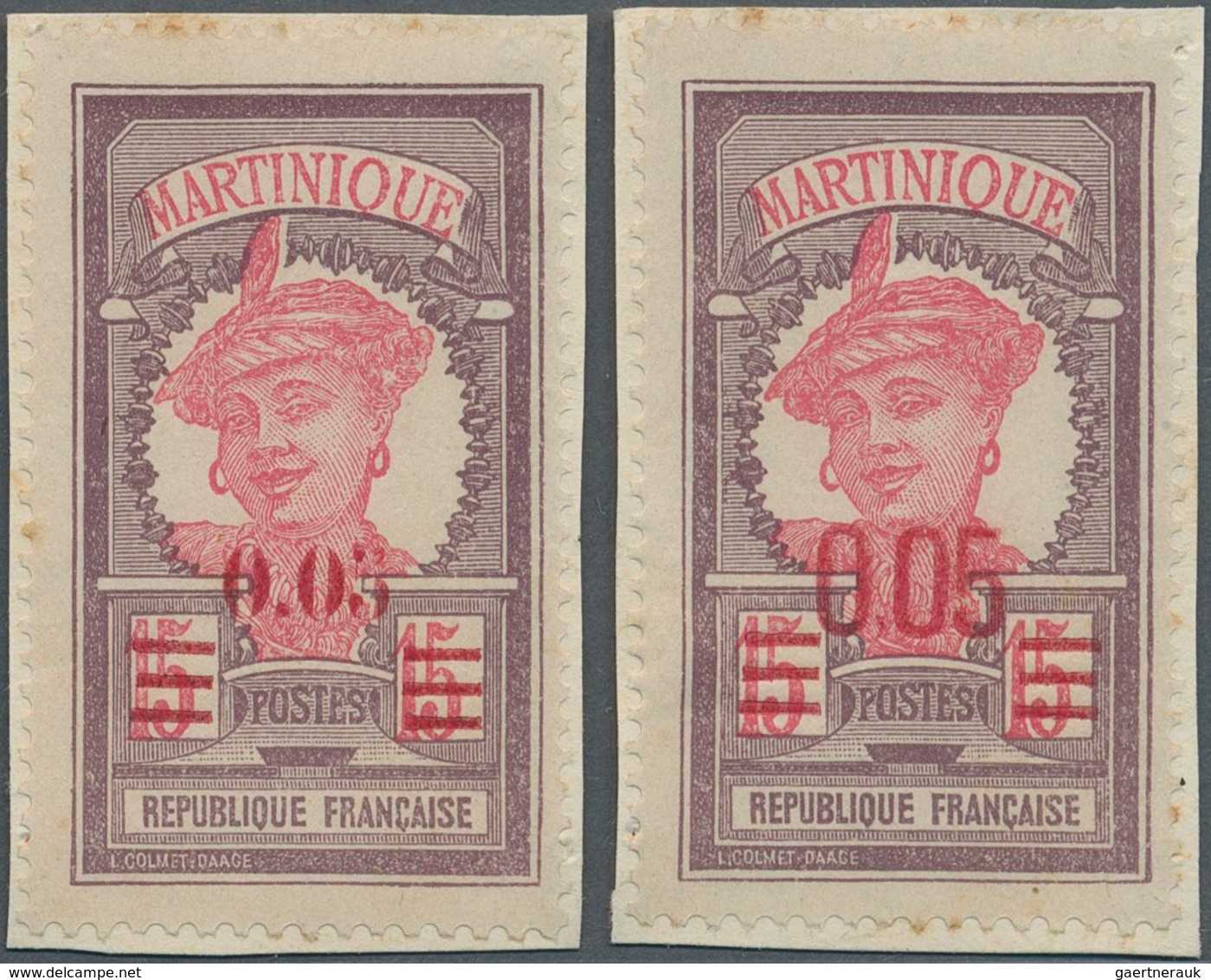 Martinique: 1922, Revaluation Overprints, 0.05 On 15c. Brownish Purple/rose, Two Essays Of Overprint - Andere & Zonder Classificatie