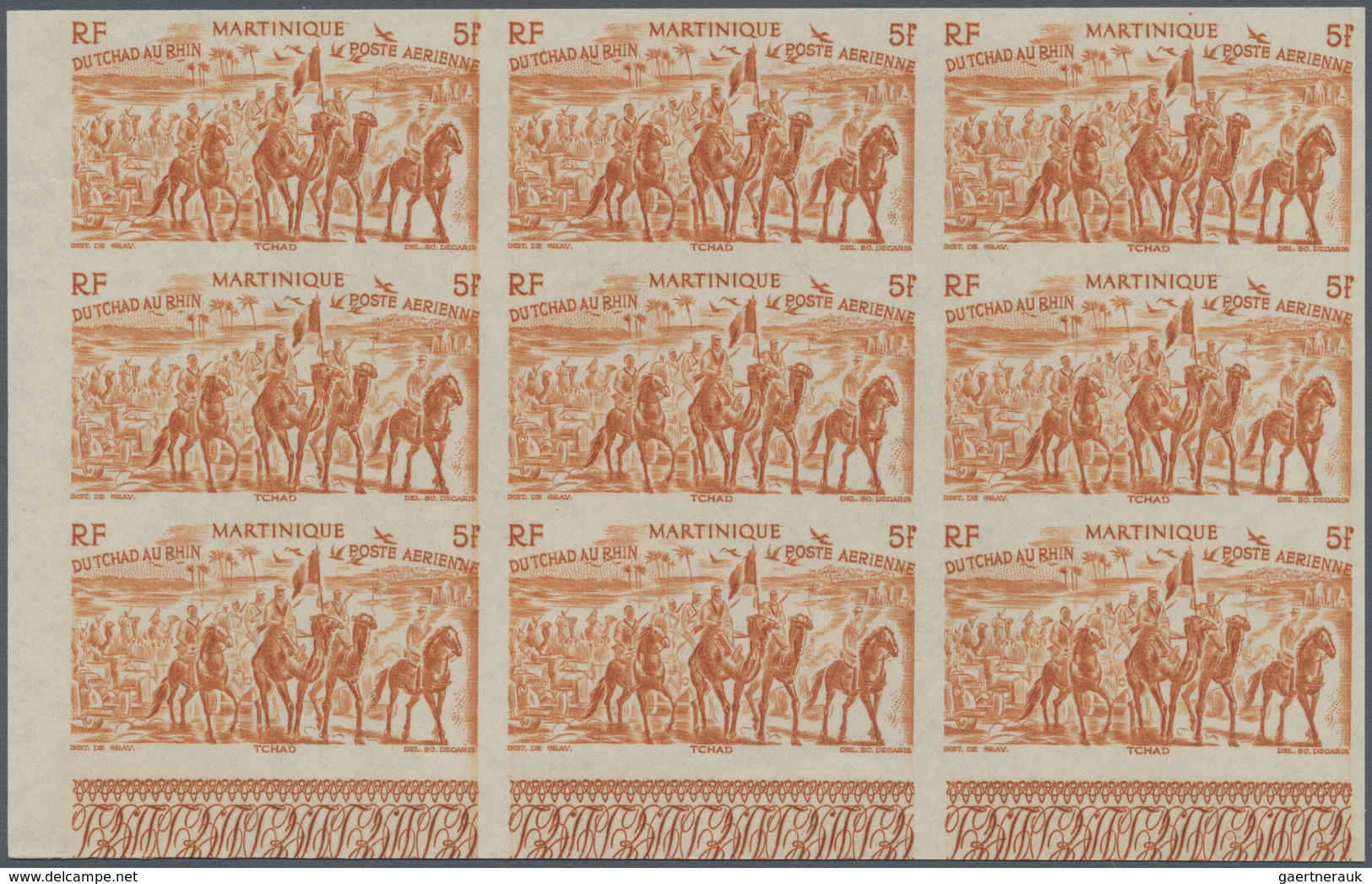 Martinique: 1946, From Tchad To Rhine Complete Set Of Six In IMPERFORATE Blocks Of Nine From Lower L - Sonstige & Ohne Zuordnung