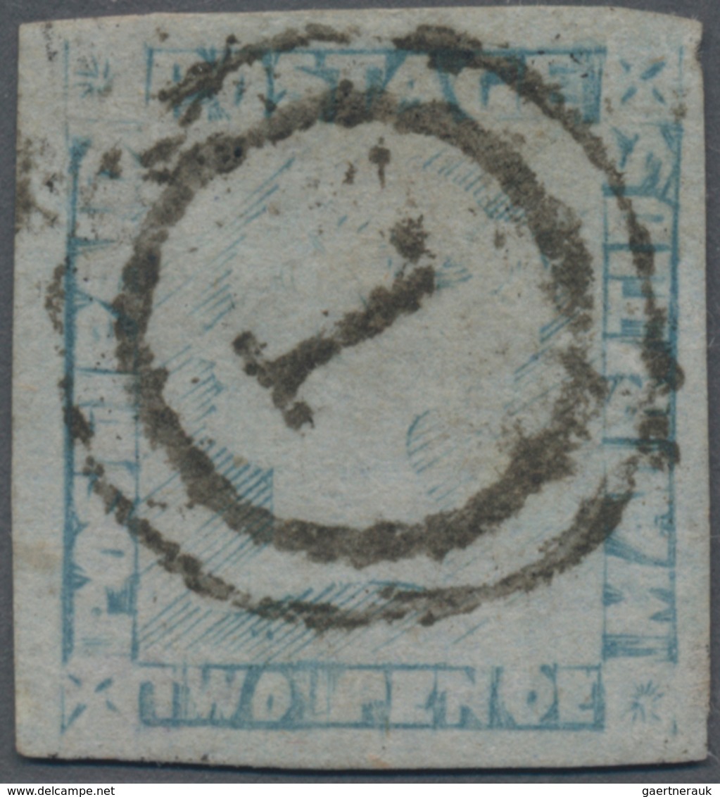 Mauritius: 1859, 2d. Blue, Worn Impression, Fine Used Copy Oblit. By Double Ring Numeral "1", Slight - Mauritius (...-1967)