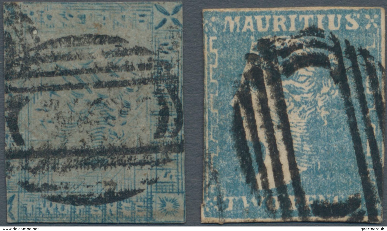 Mauritius: 1859 Two Used Singles, With 1) 'Lapirot' 2d. Blue On Bluish Paper, Worn Impression, Cut A - Mauritius (...-1967)