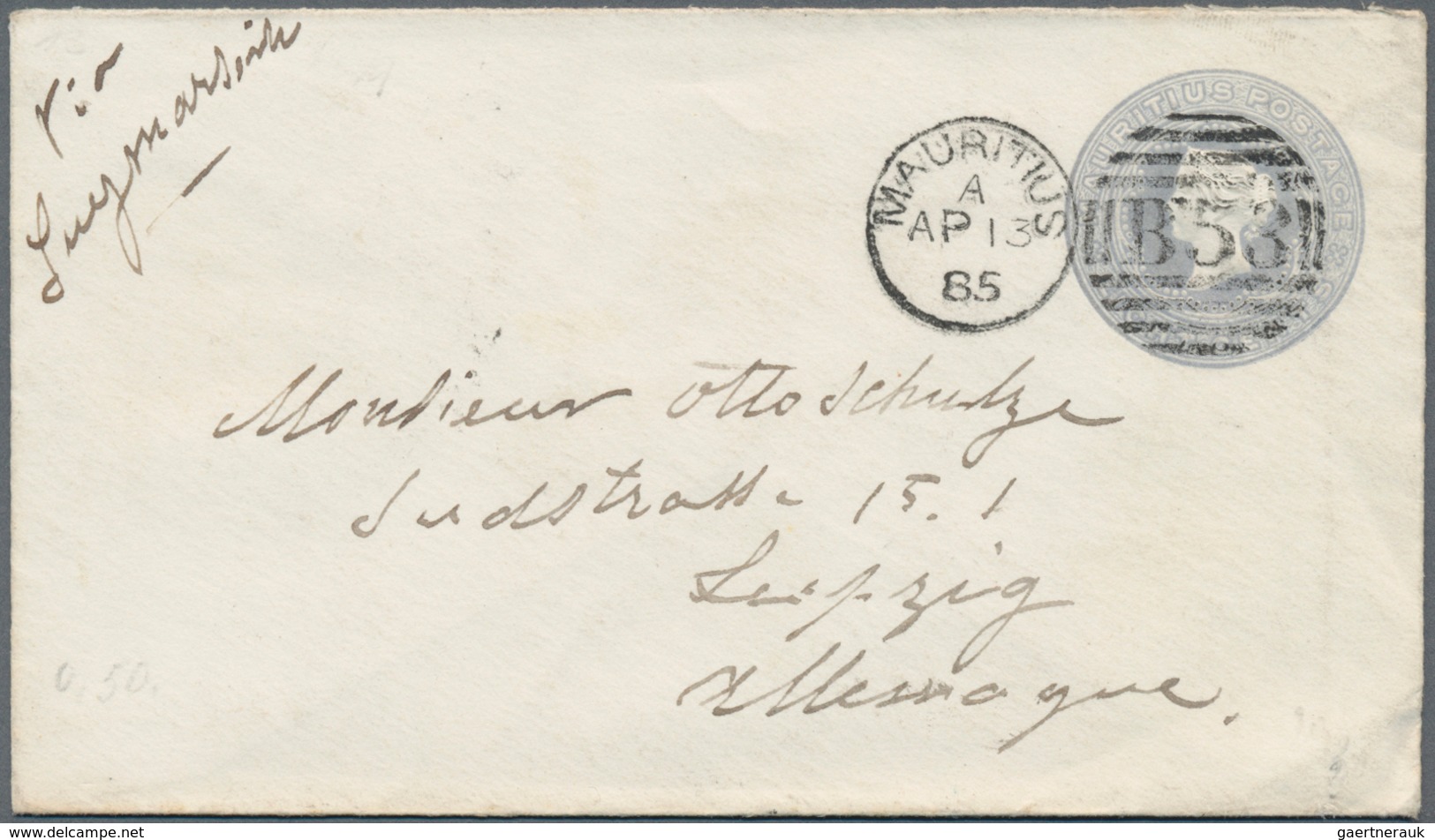 Mauritius: 1885 (13.4.), Stat. Envelope QV 8c. Milky-blue Commercially Used From Mauritius (duplex ' - Mauritius (...-1967)