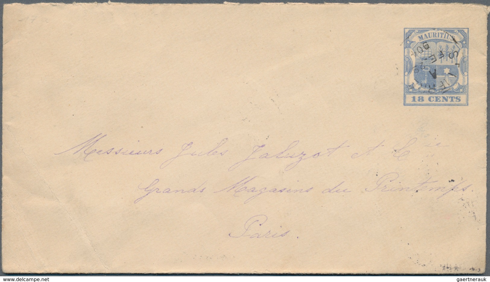 Mauritius: 1904 (29.2.), Stat. Envelope 'coat Of Arms' 18c. Ultramarine Commercially Used From ST. P - Mauritius (...-1967)