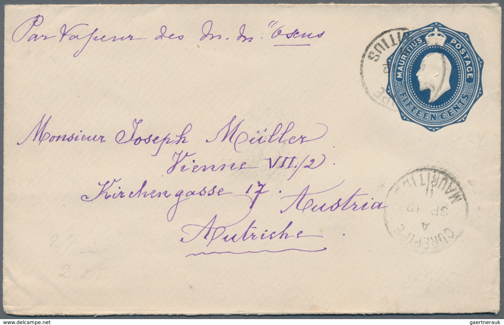 Mauritius: 1911 (12.9.), Stat. Envelope KEVII 15c. Blue Commercially Used From CUREPIPE To Vienna/Au - Mauritius (...-1967)