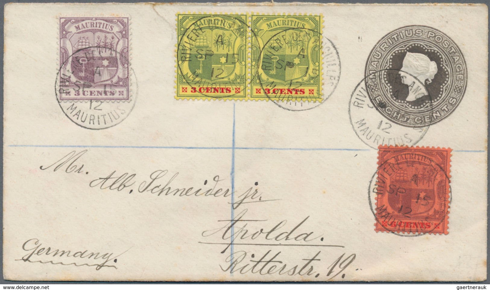 Mauritius: 1912-45, Three Interesting Covers, With 1) P/s Envelope 8c. Used Uprated From Riviere Des - Mauritius (...-1967)