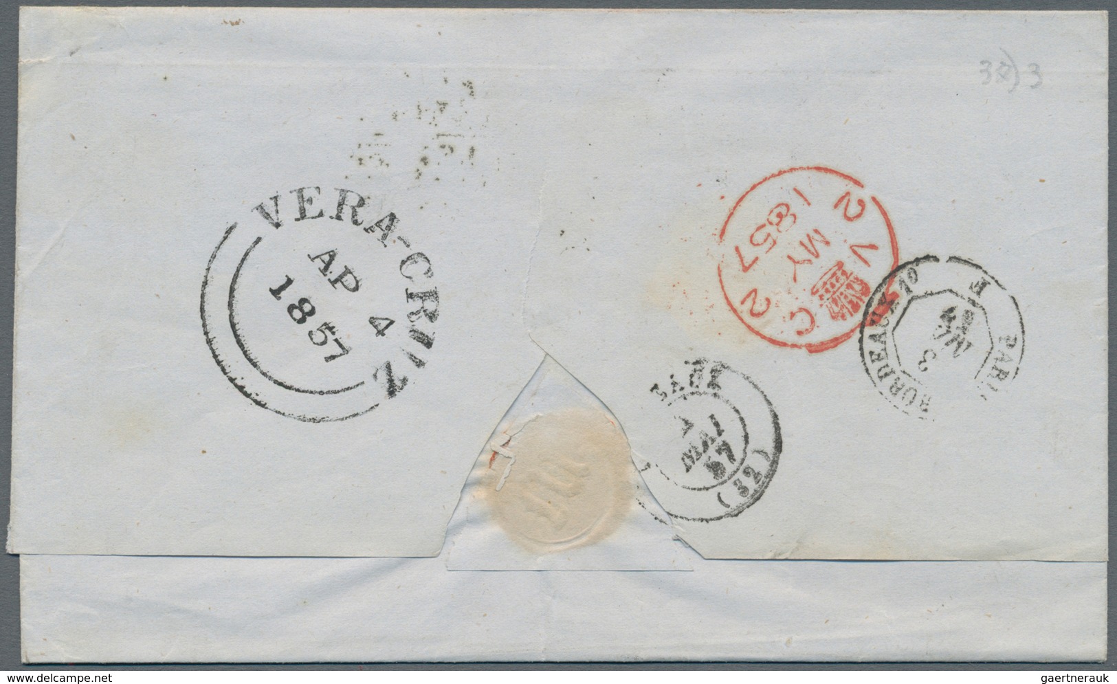 Mexiko: 1857, Maritime Mail Cover From Veracruz To Bordeaux In France, On Reverse British P.O. Split - Mexique