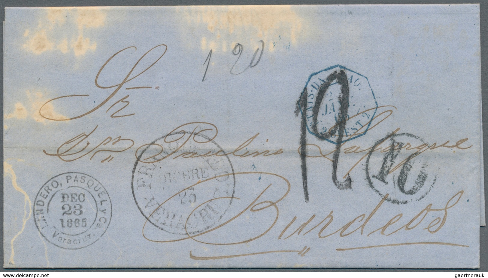 Mexiko: 1857, Maritime Mail Cover From Veracruz To Bordeaux In France, On Reverse British P.O. Split - Mexico