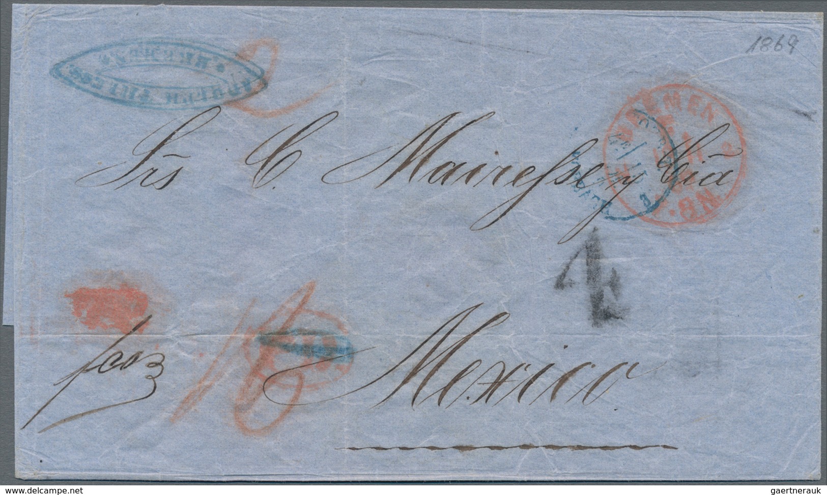 Mexiko: 1867 Incoming Mail: Stampless Folded Envelope (few Crincles) With Tax-cancel "4" And M/s "16 - Mexiko