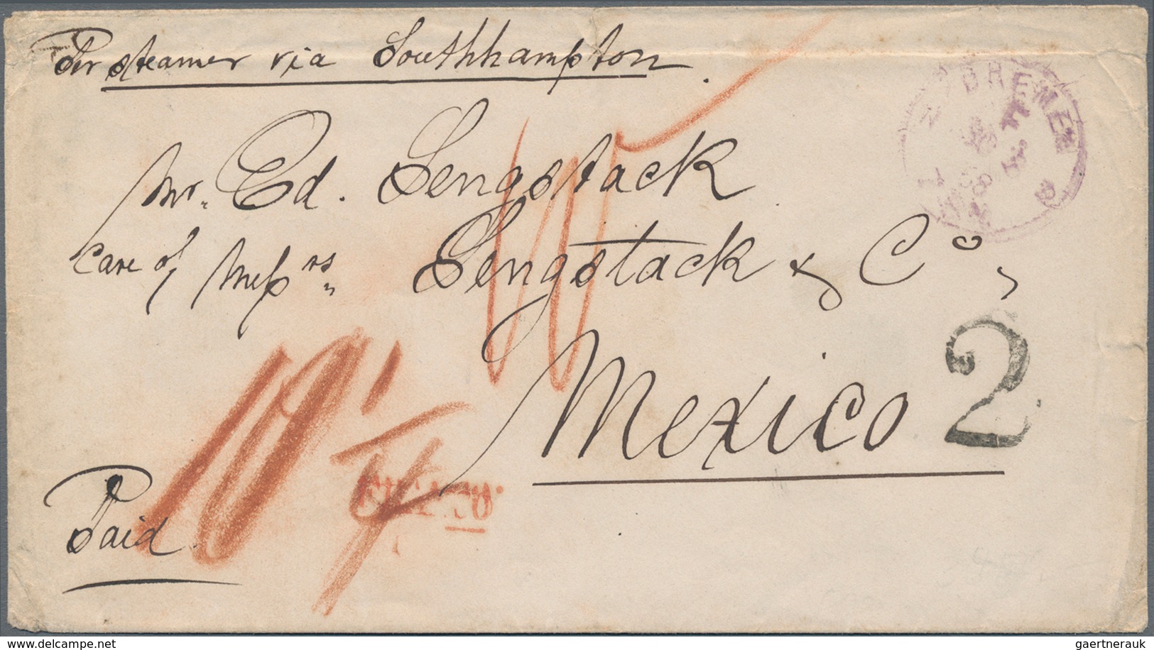Mexiko: 1868 Incoming Mail: Stampless Envelope With Tax-cancel "2" And M/s "10¼" + Violett Franco-cd - Mexico