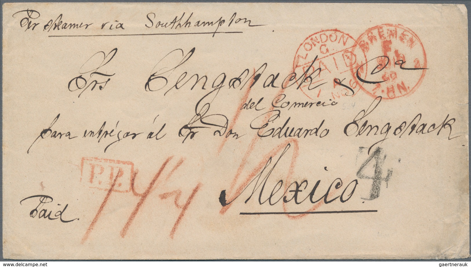 Mexiko: 1869 Incoming Mail: Stampless Envelope With Tax-cancel "4" And M/s "14¼" + Red Franco-cds "B - Mexiko