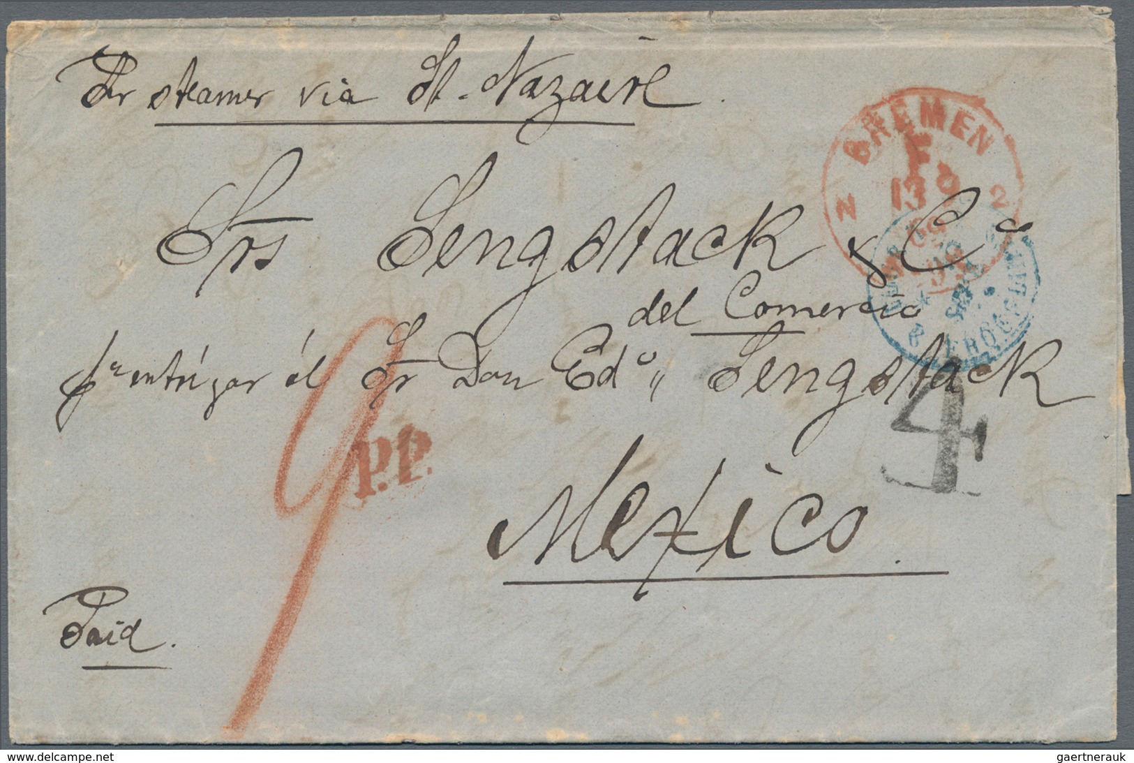 Mexiko: 1869 Incoming Mail: Stampless Folded Entire Letter With Tax-cancel "4" And M/s "9" + Red Fra - Mexico