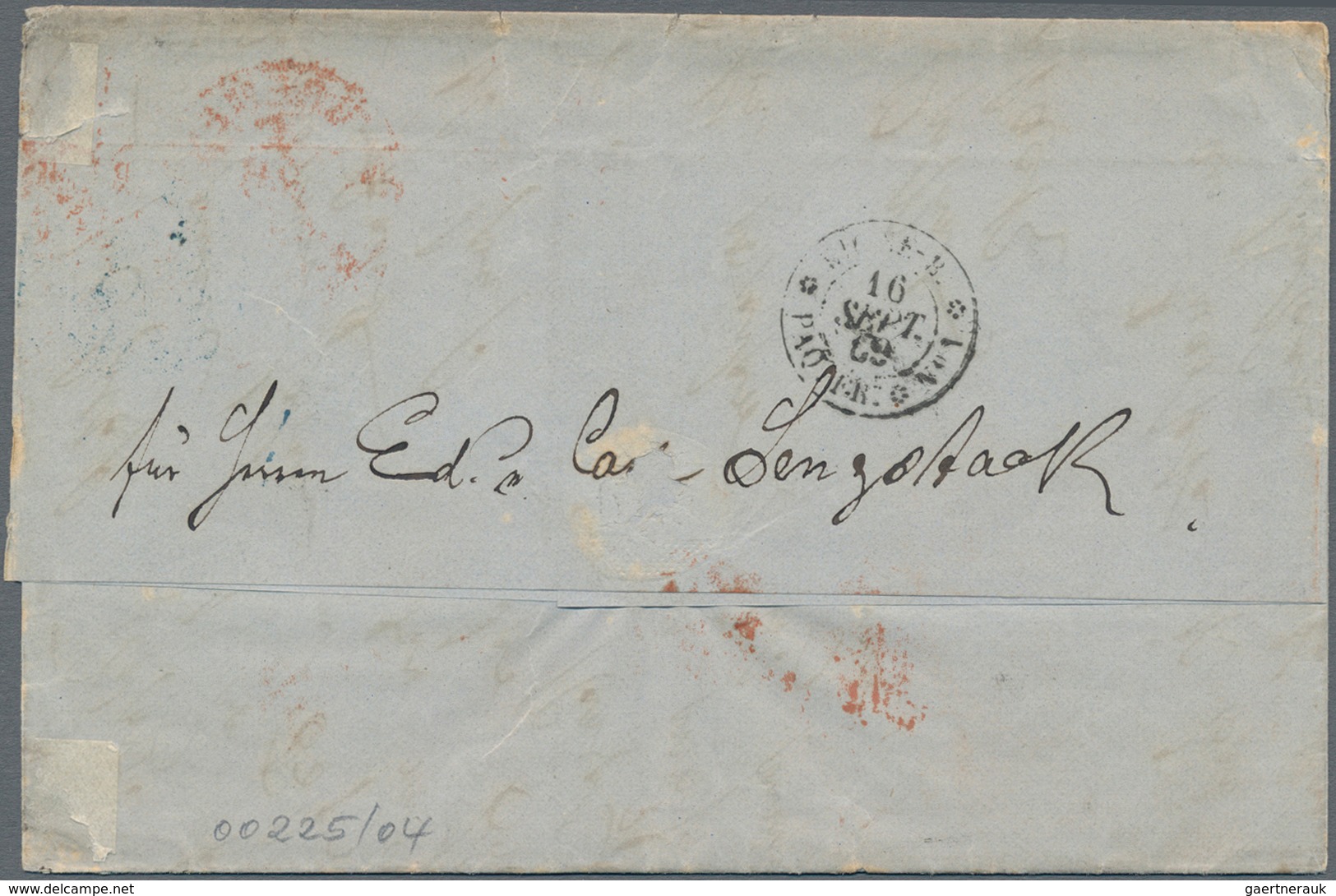 Mexiko: 1869 Incoming Mail: Stampless Folded Entire Letter With Tax-cancel "4" And M/s "9" + Red Fra - Mexiko