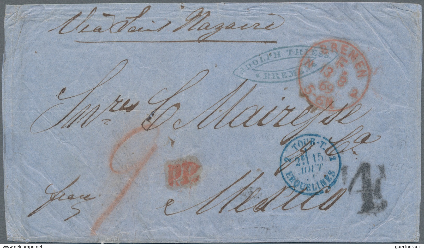 Mexiko: 1869 Incoming Mail: Stampless Folded Envelope (few Crincles) With Tax-cancel "4" And M/s "9" - Mexico