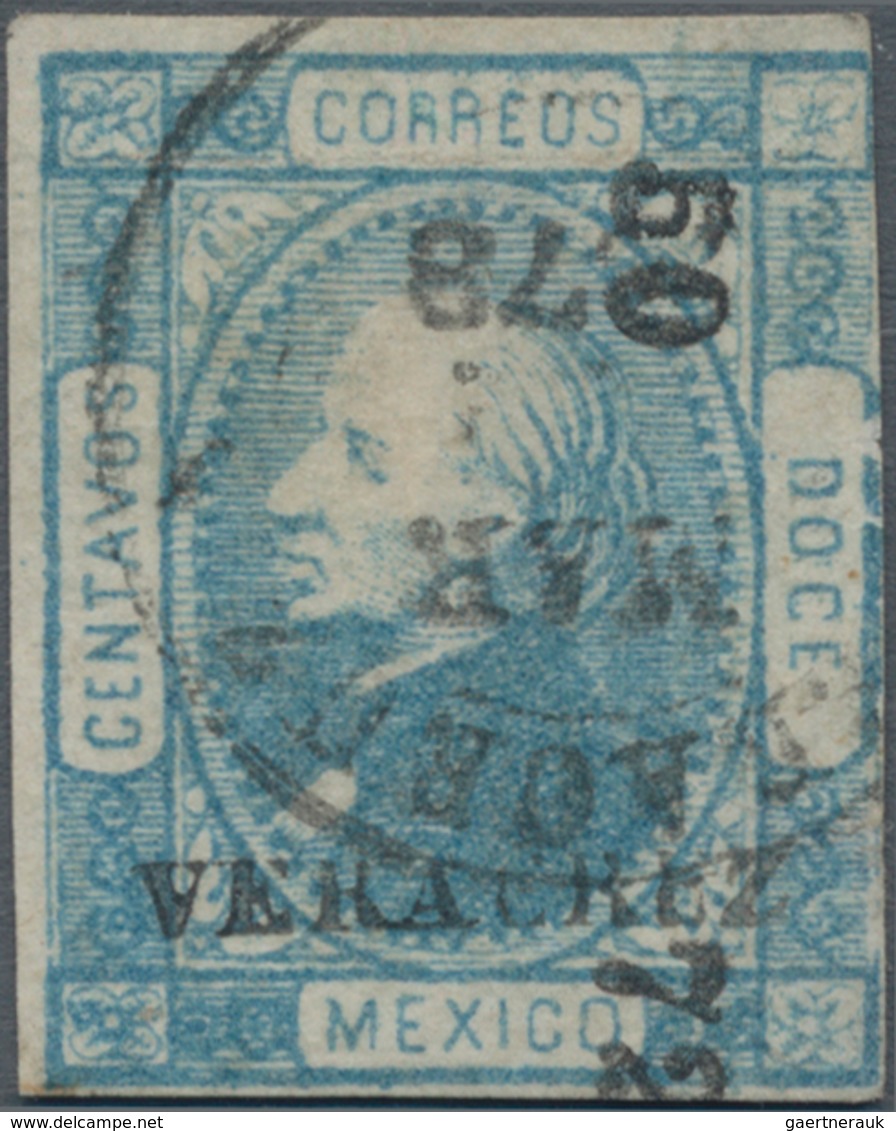 Mexiko: 1872, Hidalgo Moiré 12 C. Blue, Laid Paper, District Overprint " 50 72" Of Vera Cruz, Little - Mexiko