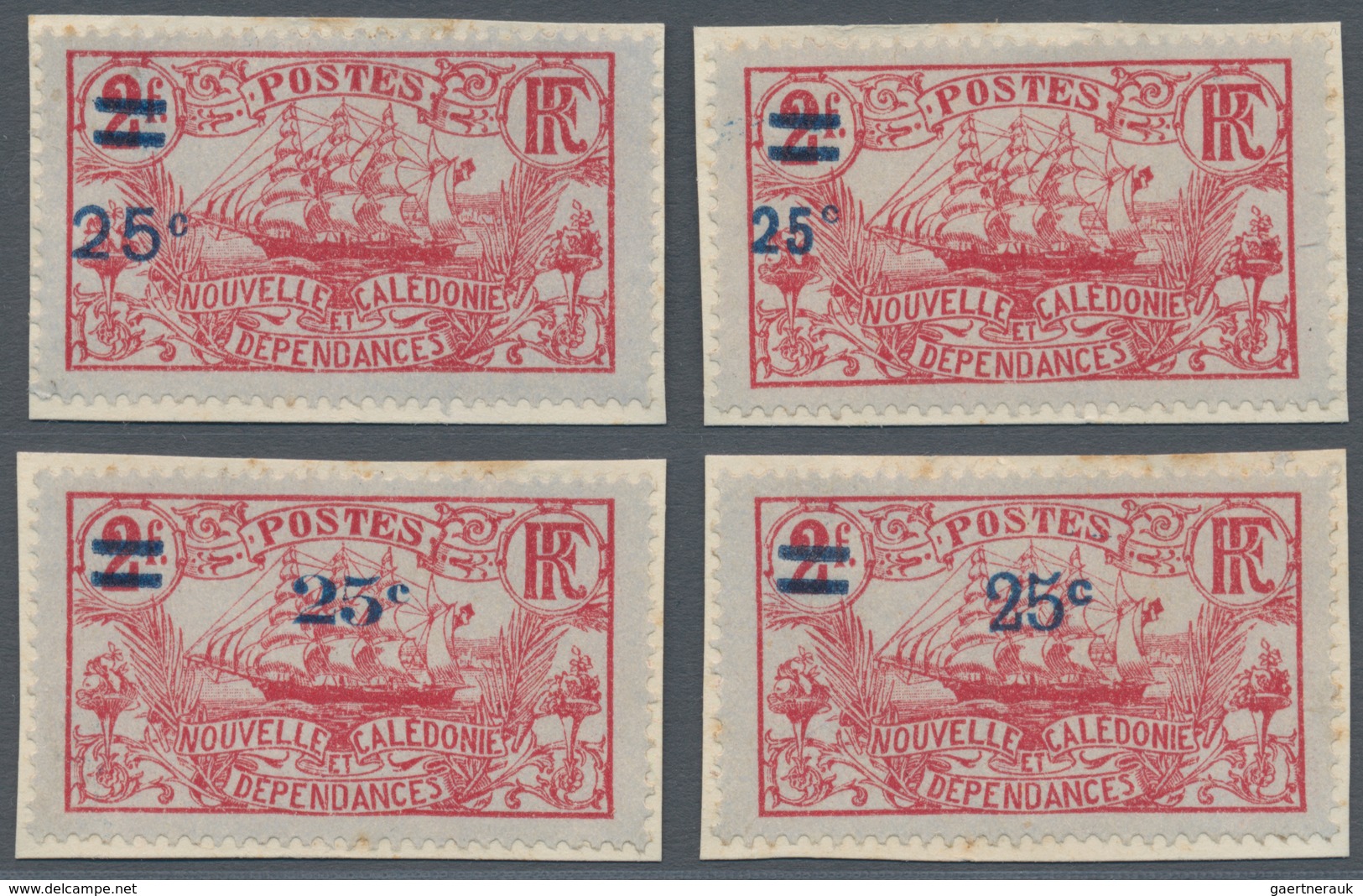 Neukaledonien: 1924, Revaluation Overprints, 25c. On 2fr. Carmine, Four Different Essays Of Overprin - Covers & Documents