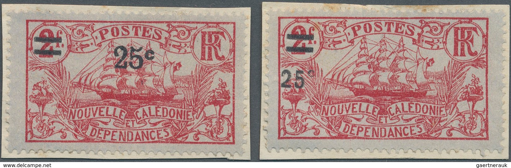 Neukaledonien: 1924, Revaluation Overprints, 25c. On 2fr. Carmine, Two Different Essays Of Overprint - Brieven En Documenten