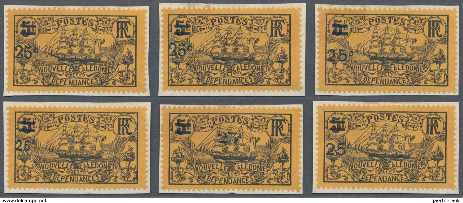 Neukaledonien: 1924, Revaluation Overprints, 25c. On 5fr. Black/yellow, Six Different Essays Of Over - Briefe U. Dokumente
