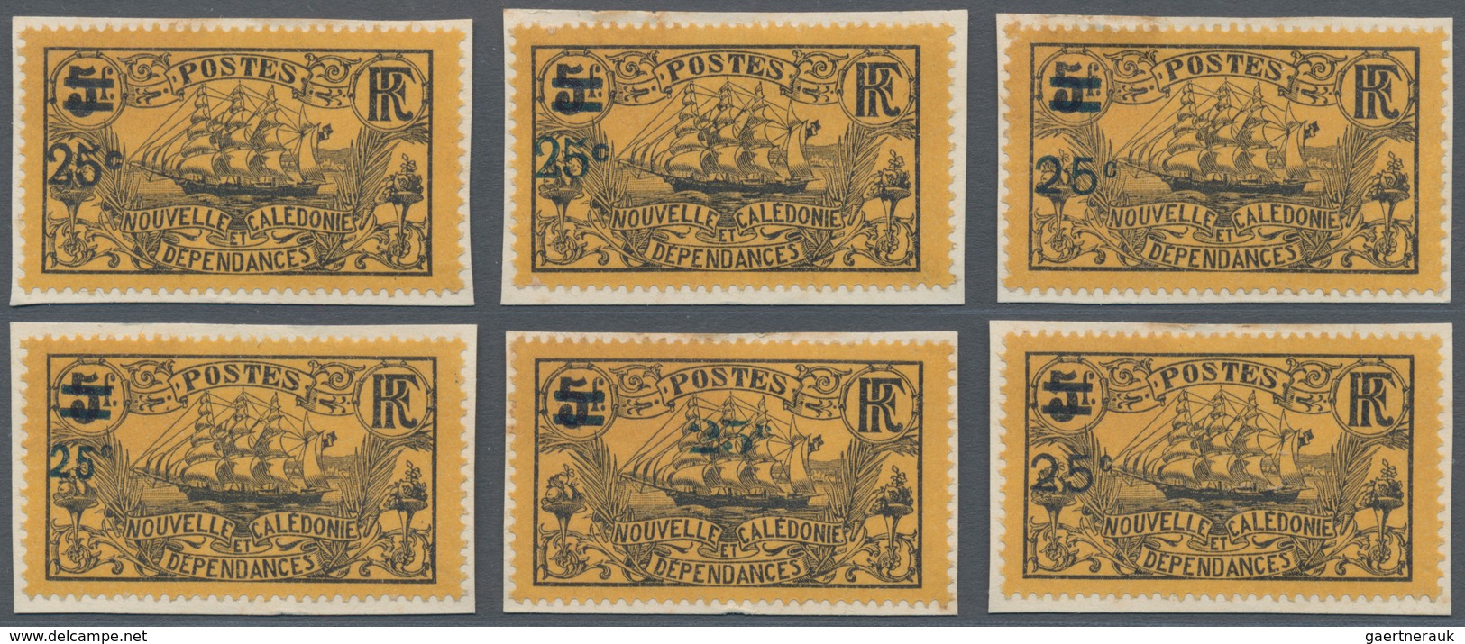 Neukaledonien: 1924, Revaluation Overprints, 25c. On 5fr. Black/yellow, Six Different Essays Of Over - Covers & Documents