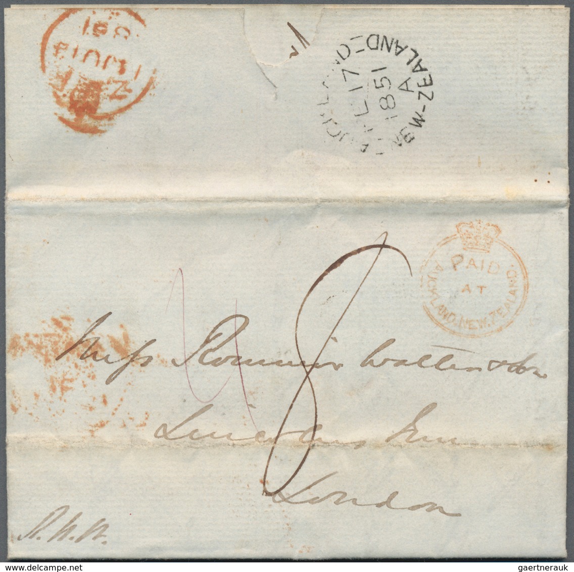 Neuseeland: 1851, "AUKLAND..." Red Crown Circle Cancel On Complete Folded Letter To London And Cover - Briefe U. Dokumente