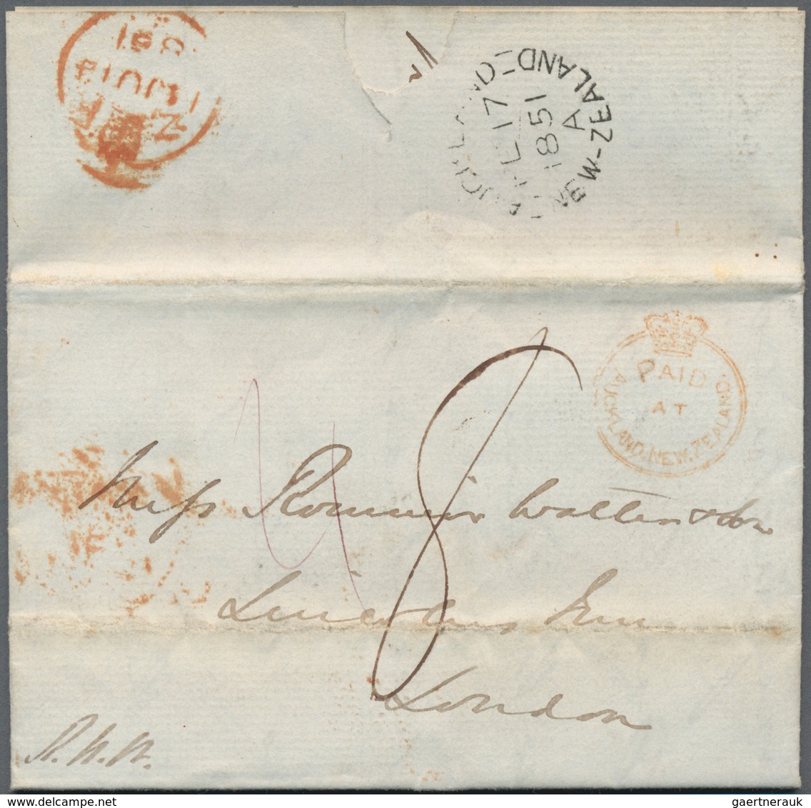 Neuseeland: 1851, "AUKLAND..." Red Crown Circle Cancel On Complete Folded Letter To London And Cover - Covers & Documents