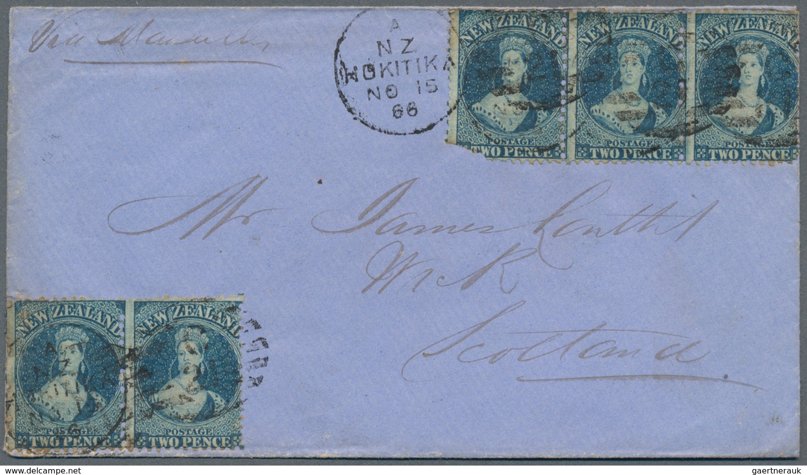 Neuseeland: 1866, 2 P Blue Pair And A Stripe Of Three With Circle Cancel "HOKITIKA" To Scotland, Via - Covers & Documents