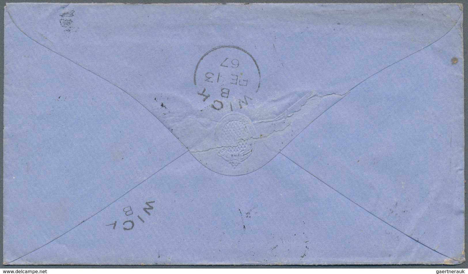 Neuseeland: 1866, 2 P Blue Pair And A Stripe Of Three With Circle Cancel "HOKITIKA" To Scotland, Via - Briefe U. Dokumente