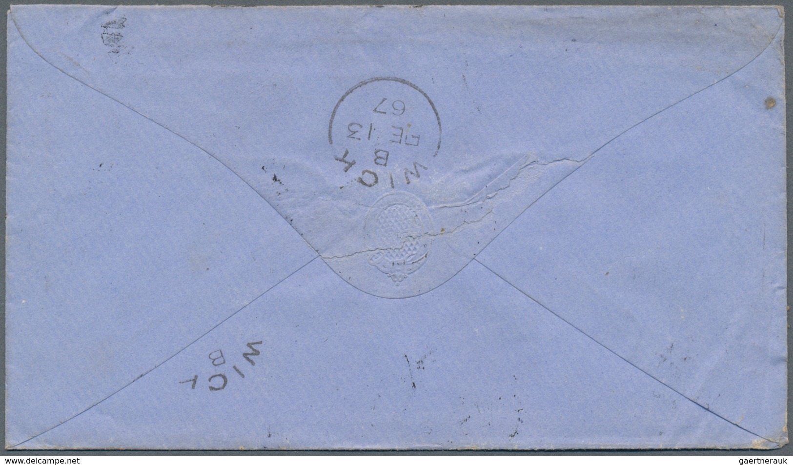 Neuseeland: 1866, 2 P Blue Pair And A Stripe Of Three With Circle Cancel "HOKITIKA" To Scotland, Via - Covers & Documents