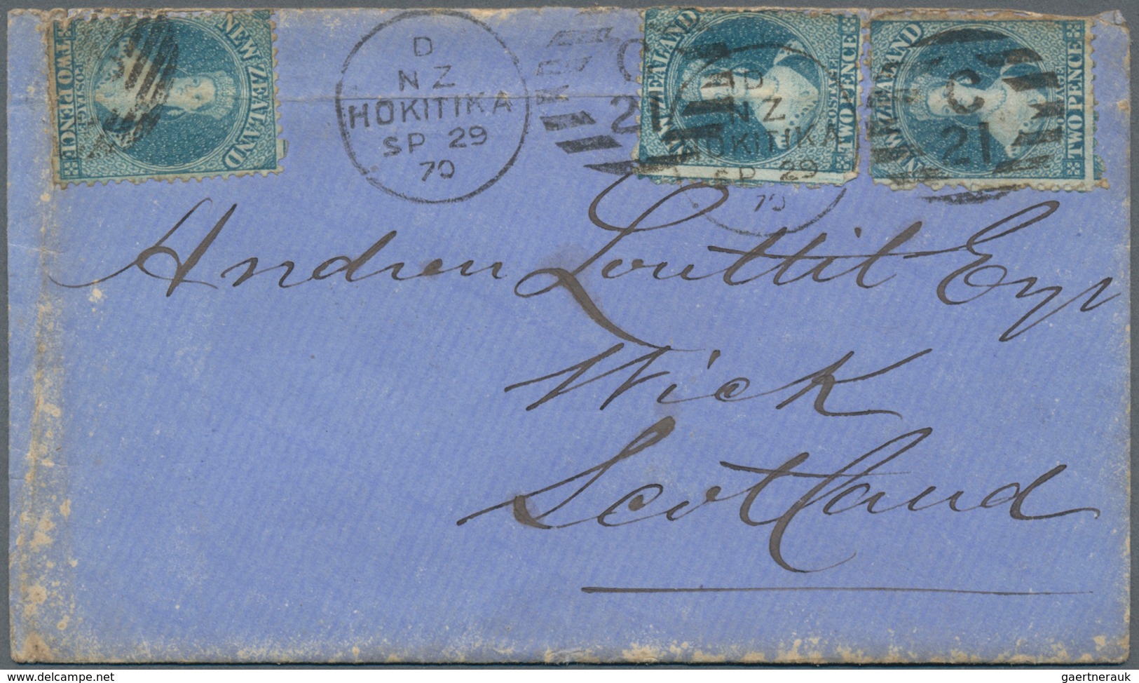 Neuseeland: 1870, Three Stamp 2 P Blue With Circle Cancel "HOKITIKA" To Scotland Via Honolulu, Stamp - Covers & Documents