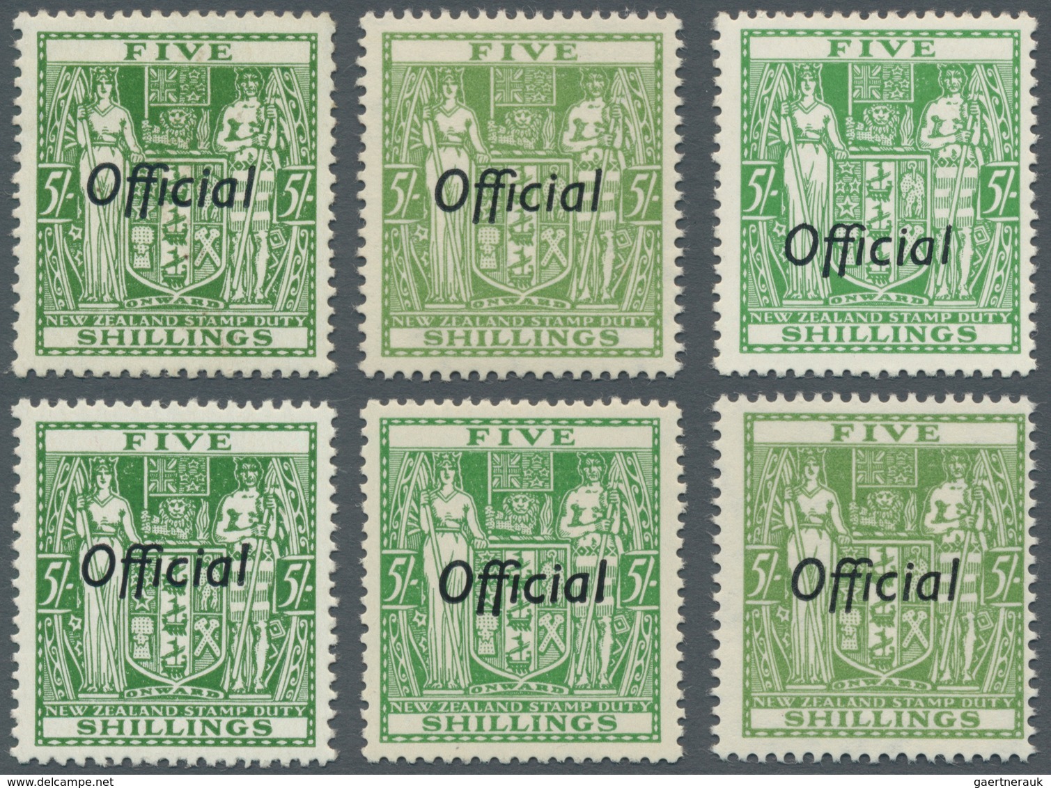 Neuseeland - Dienstmarken: 1938/1961 (ca.), Stamp Duty Coat Of Arms 5s. Green With Black Opt. 'Offic - Dienstmarken