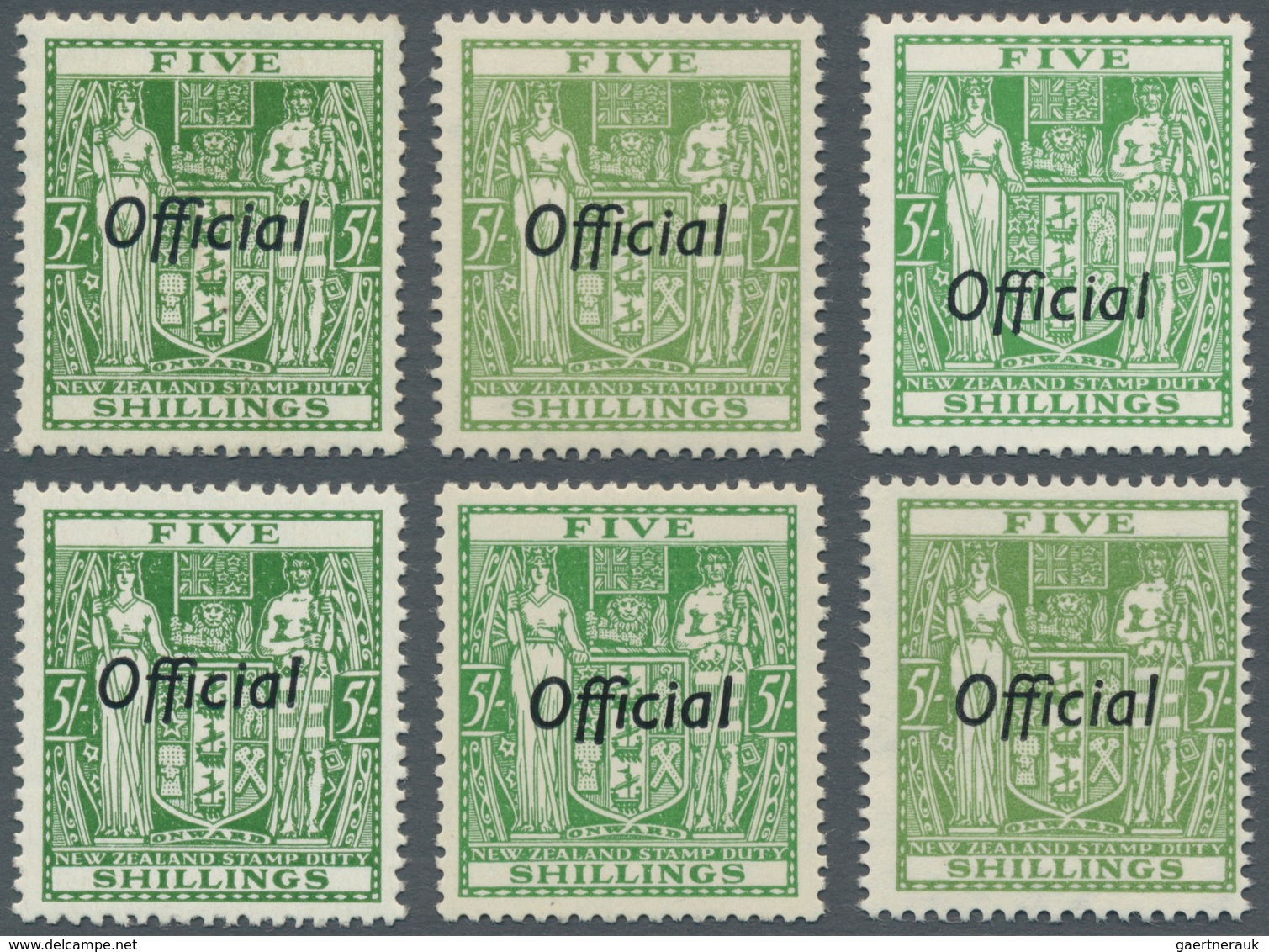 Neuseeland - Dienstmarken: 1938/1961 (ca.), Stamp Duty Coat Of Arms 5s. Green With Black Opt. 'Offic - Dienstzegels