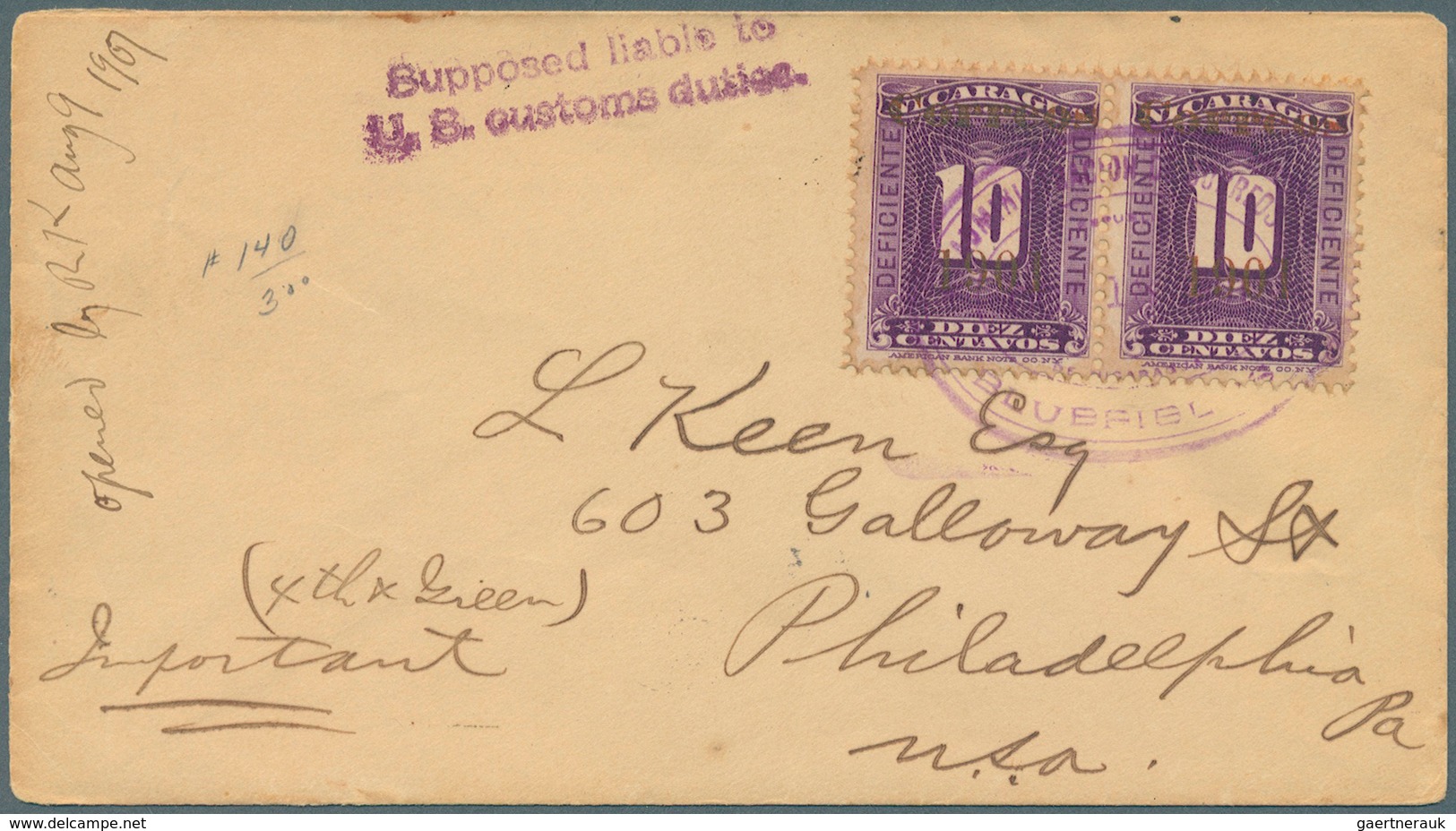 Nicaragua: 1901, Envelope Bearing A Pair Of 10 C Violet With Imprint "Correos 1901" In Type I (only - Nicaragua