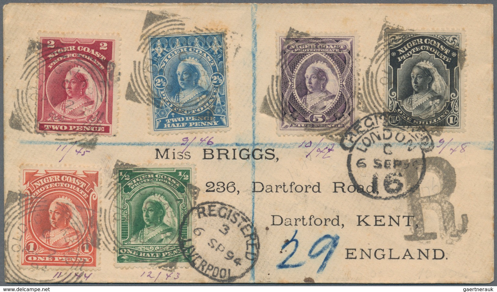 Nigerküste: 1894 (2.8.), QV Definitives Simplified Complete Set Of Six On Registered Cover From OLD - Andere & Zonder Classificatie