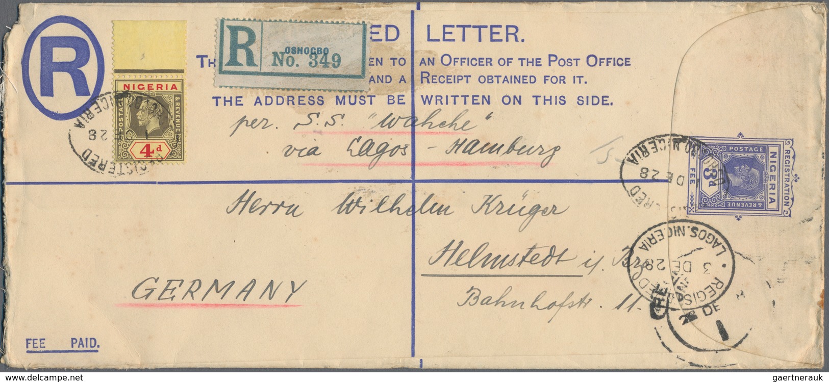 Nigeria: 1923-27 Postal Stationery Registered Envelope 3d. Ultramarine Used From OSHOGBO To Helmsted - Nigeria (...-1960)