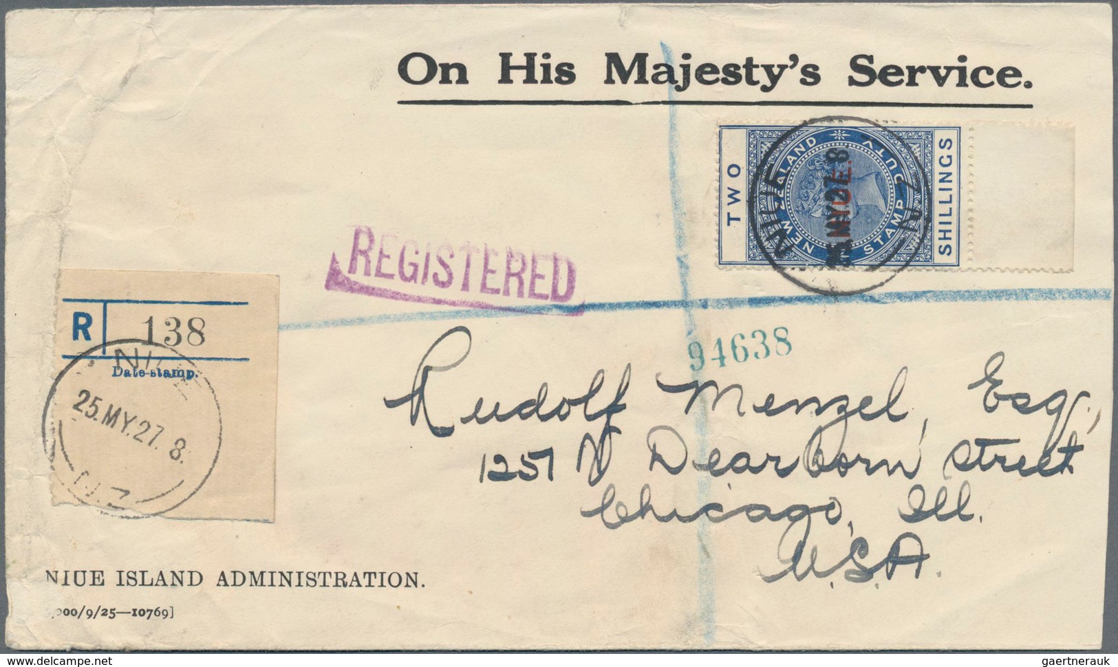 Niue: 1927, 2 Sh. Blue NEW ZEALAND Fiscal With NIUE-overprint On Registered Letter To USA, Envelope - Niue
