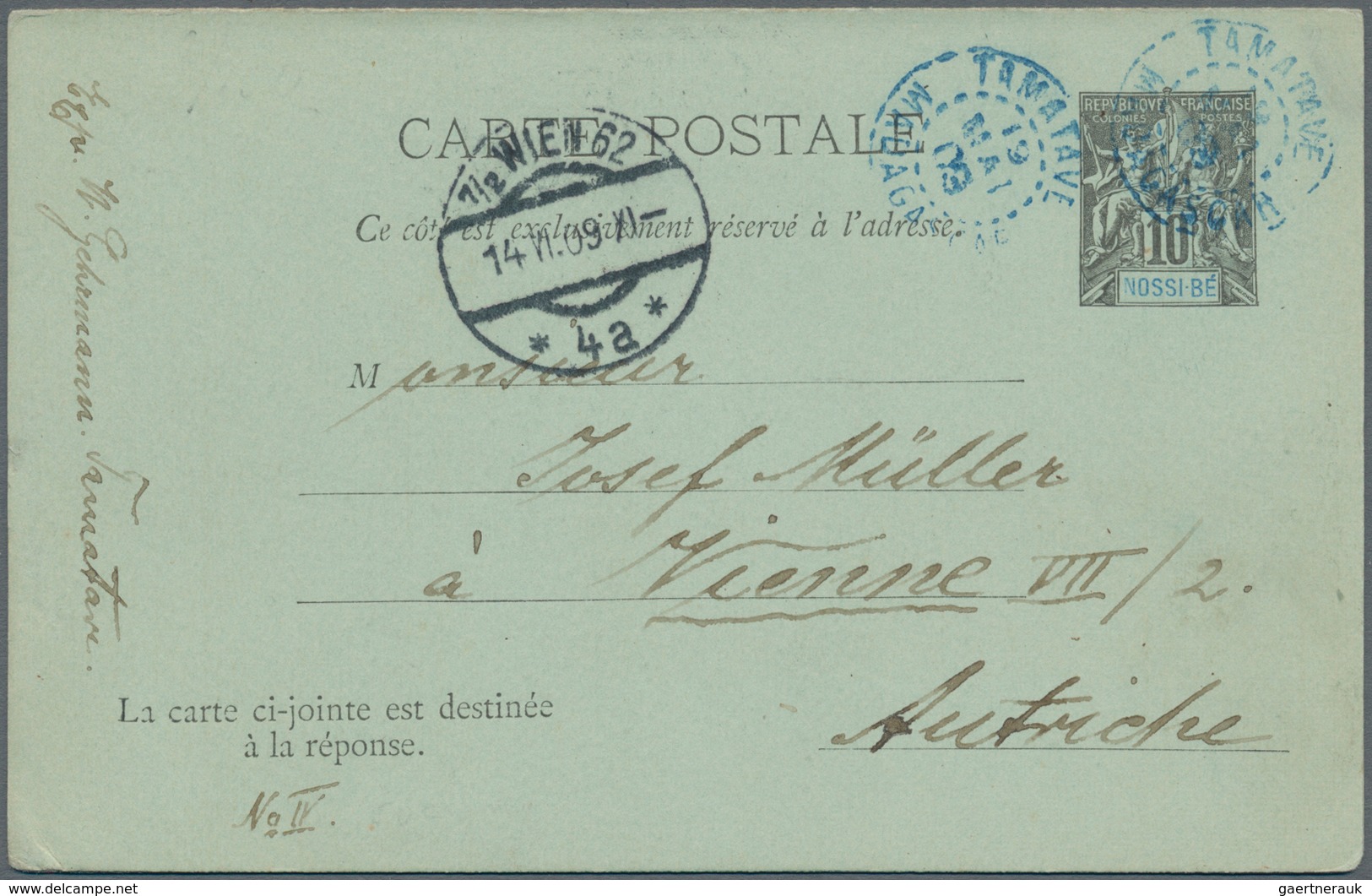 Nossi-Be: 1909 Postal Stationery Card, Double Card Incl. Unused Reply Part Sent By French Shipmail " - Sonstige & Ohne Zuordnung