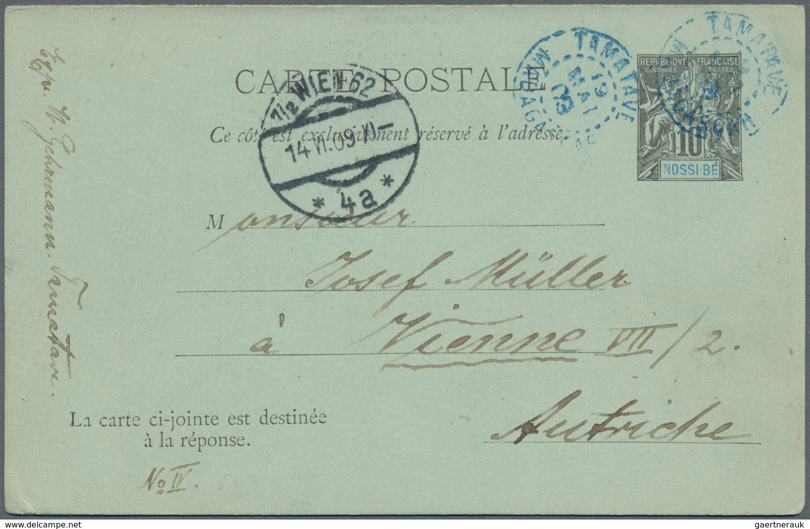 Nossi-Be: 1909 Postal Stationery Card, Double Card Incl. Unused Reply Part Sent By French Shipmail " - Other & Unclassified